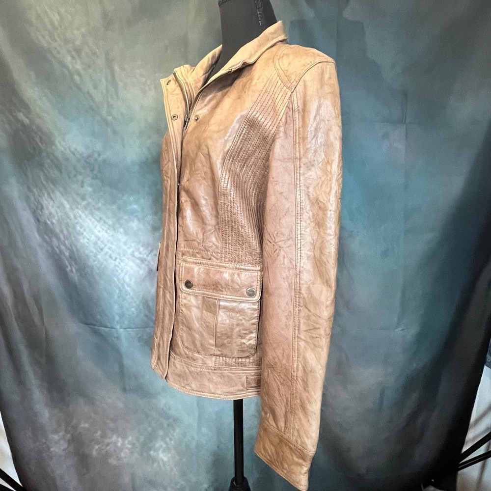 S.Oliver Distressed Lamb Napa Leather‎ Jacket Size Medium Tan Womens Moto Style - Picture 3 of 10